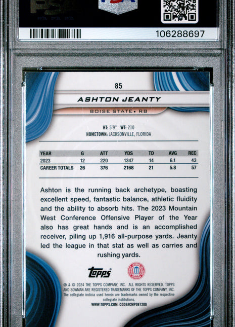 2024 Bowman Best University Ashton Jeanty Yellow Refractor #85 46/75 PSA 9