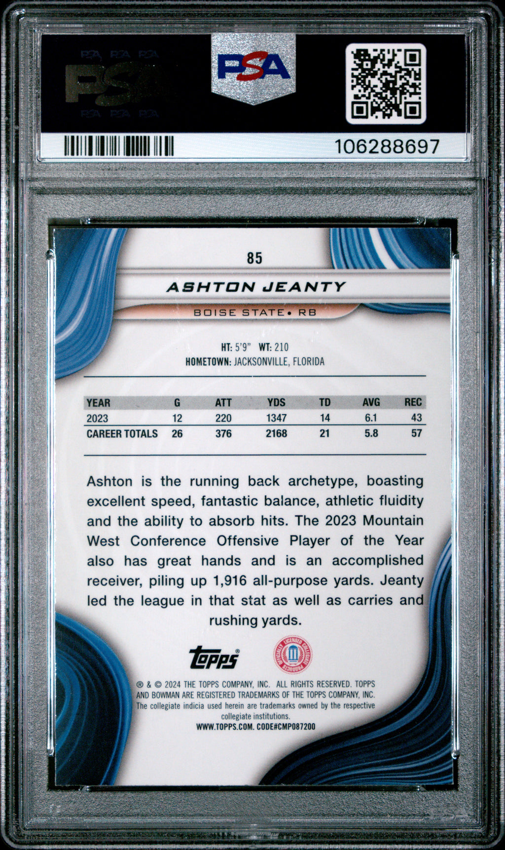 2024 Bowman Best University Ashton Jeanty Yellow Refractor #85 46/75 PSA 9