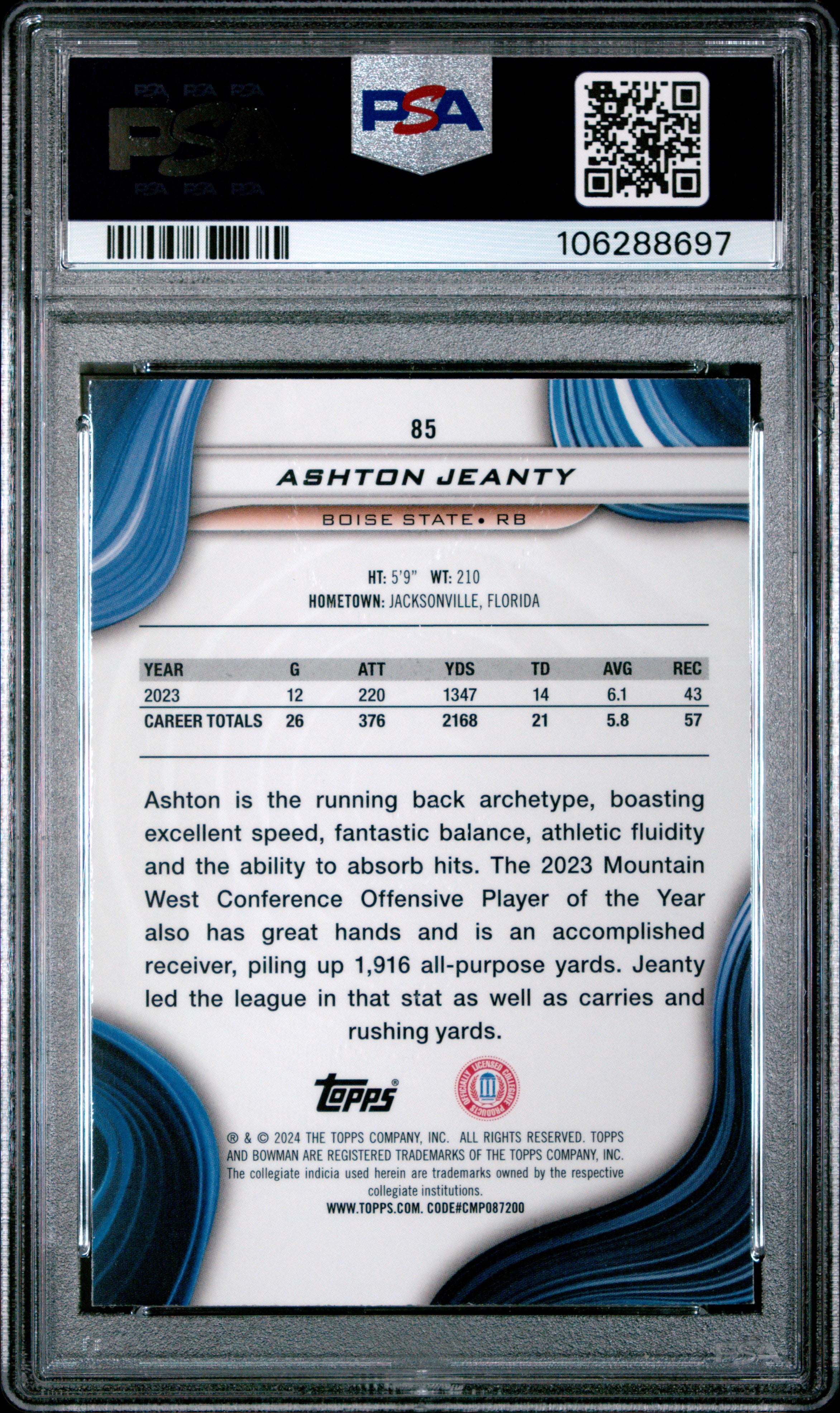 2024 Bowman Best University Ashton Jeanty Yellow Refractor #85 46/75 PSA 9
