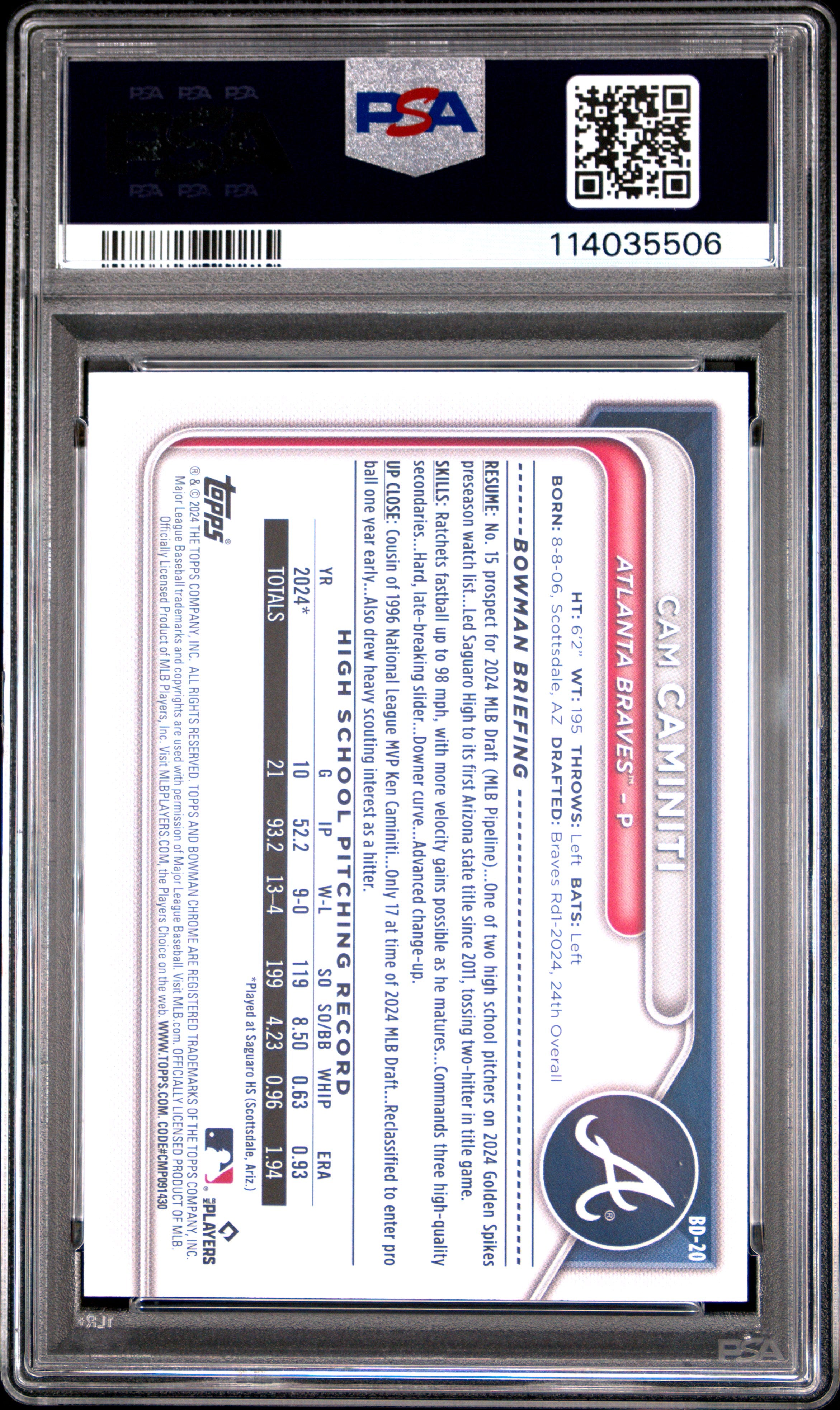 2024 Bowman Draft Cam Caminiti Orange #BD20 13/25 PSA 9