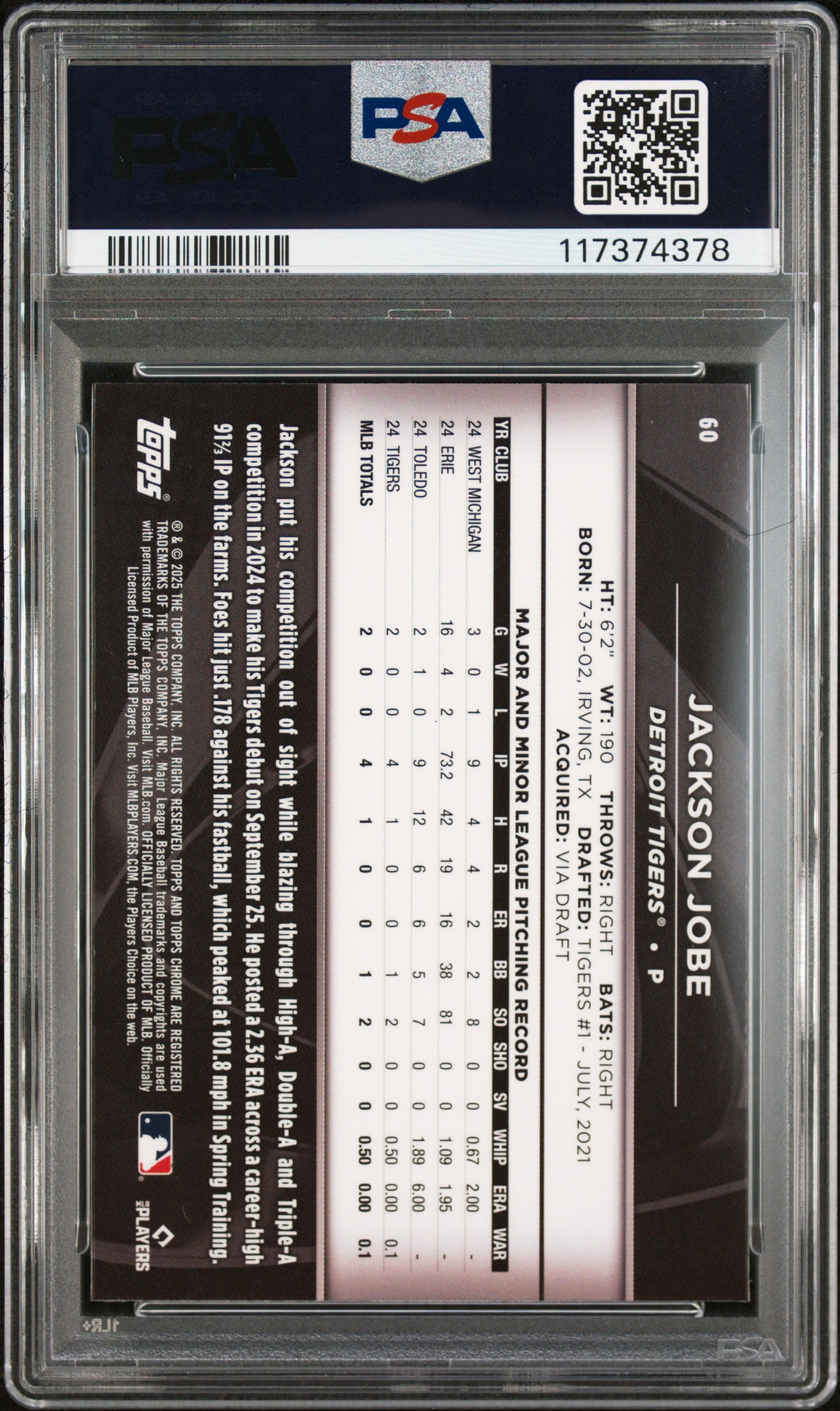 2025 Topps Chrome Black Jackson Jobe #60 PSA 10