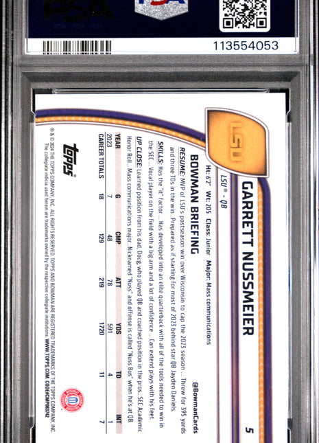 2024 Bowman University Chrome Sapphire Garrett Nussmeier #5 PSA 10