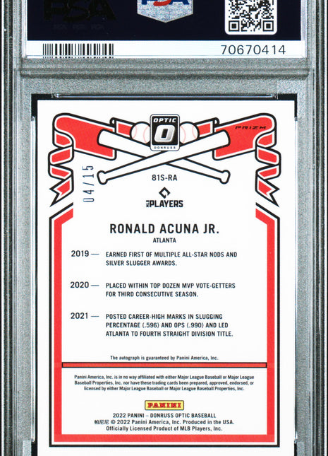 2022 Panini Donruss Optic Retro 1981 Signatures Ronald Acuna JR. RT. '81 SG White Mojo #81SRA PSA 10