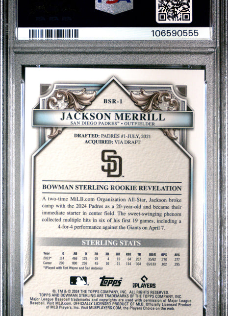2024 Bowman Sterling Rookies Jackson Merrill Speckle Refractor #BSR1 63/99 PSA 9