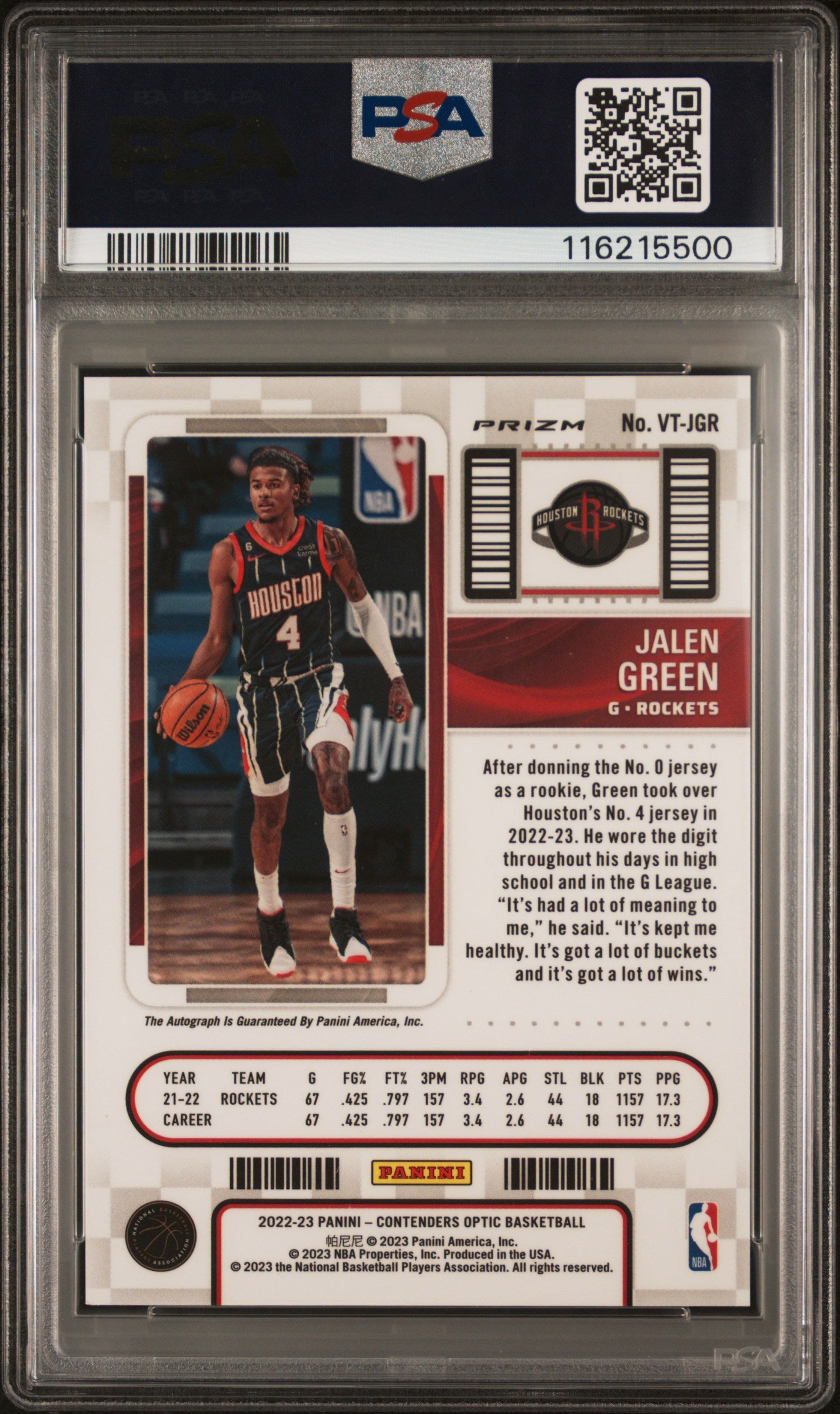 2022 Panini Contenders Optic Veteran Ticket Autographs Jalen Green #VTJGR PSA 9
