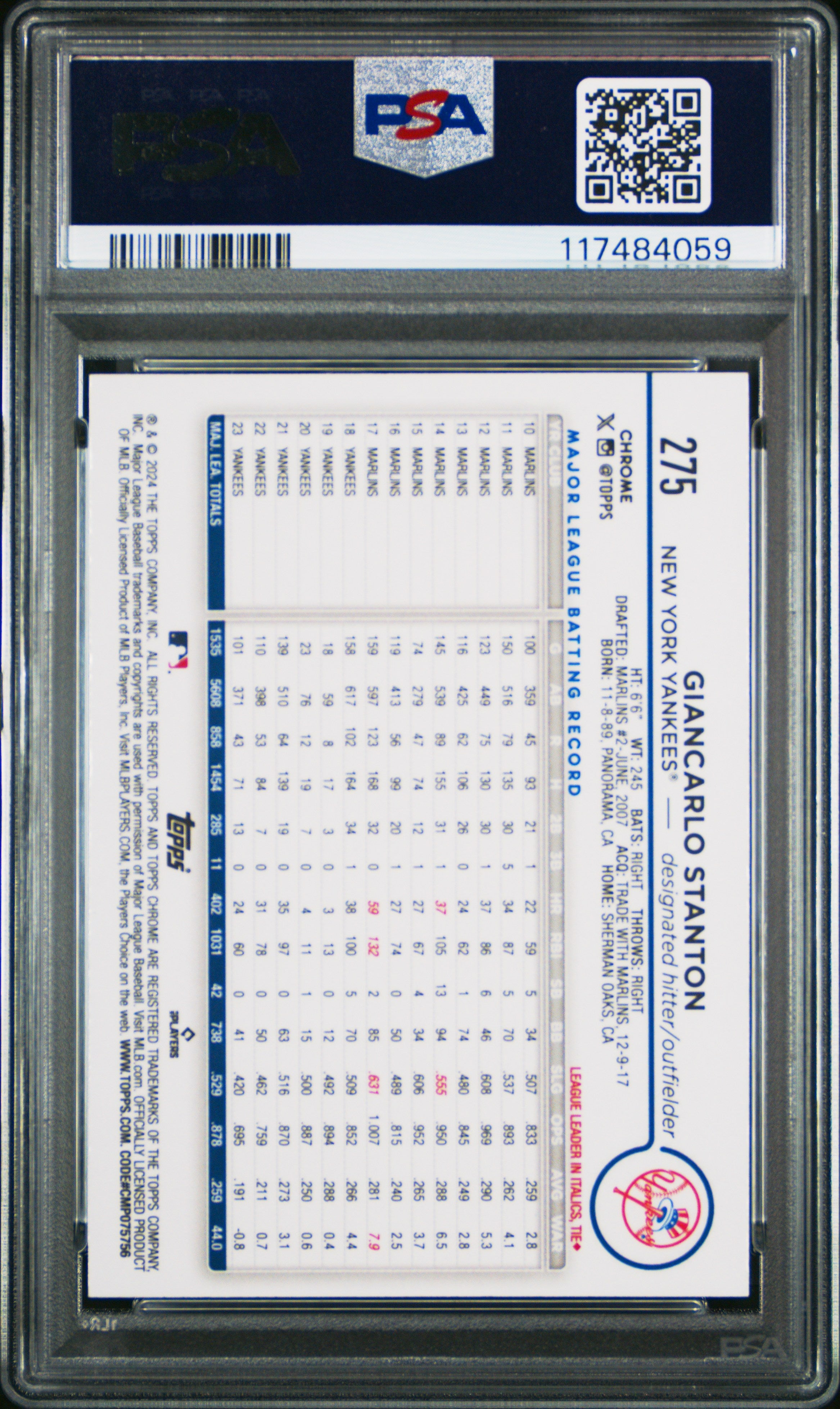 2024 Topps Chrome Giancarlo Stanton Lightboard Logo #275 PSA 9