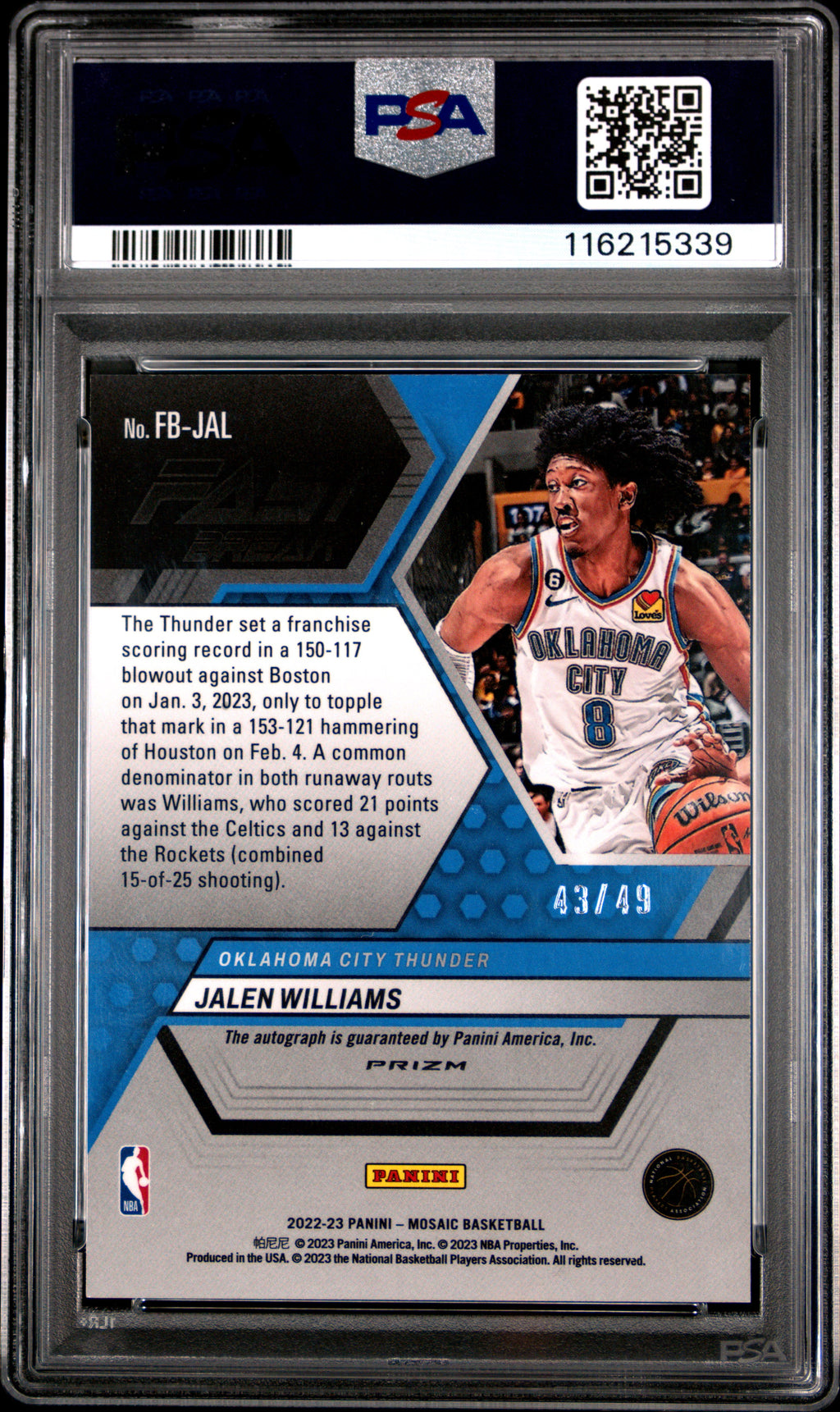 2022 Panini Mosaic Autographs Fast Break Jalen Williams Red #FBJAL PSA 9
