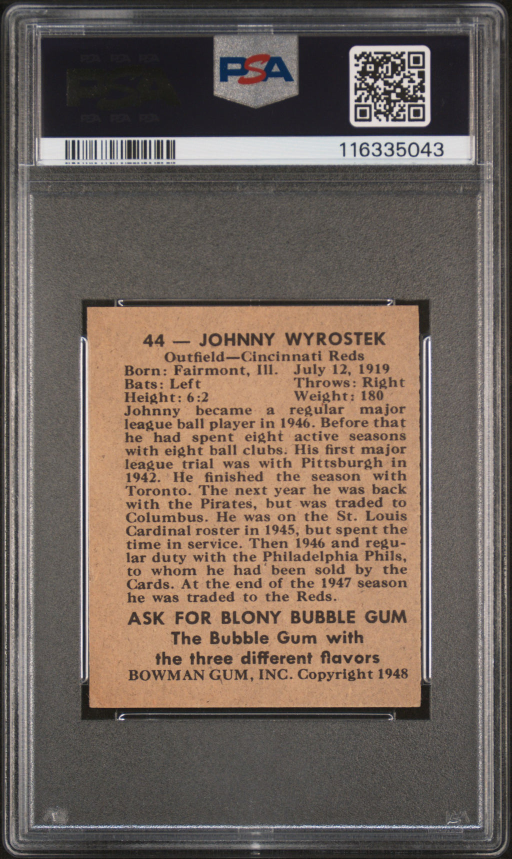 1948 Bowman Johnny Wyrostek #44 PSA 6