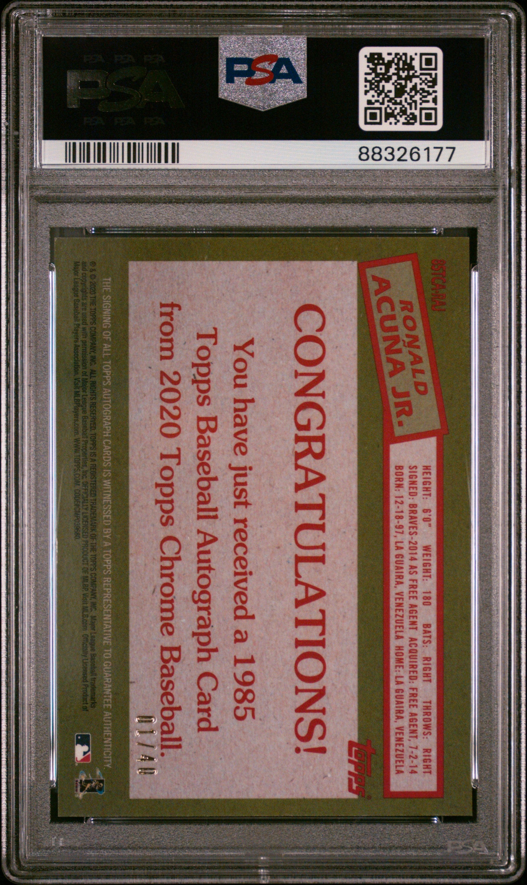 2020 Topps Chrome 1985 Topps Ronald Acuna JR. '85 Autograph #85TCARAJ PSA 9