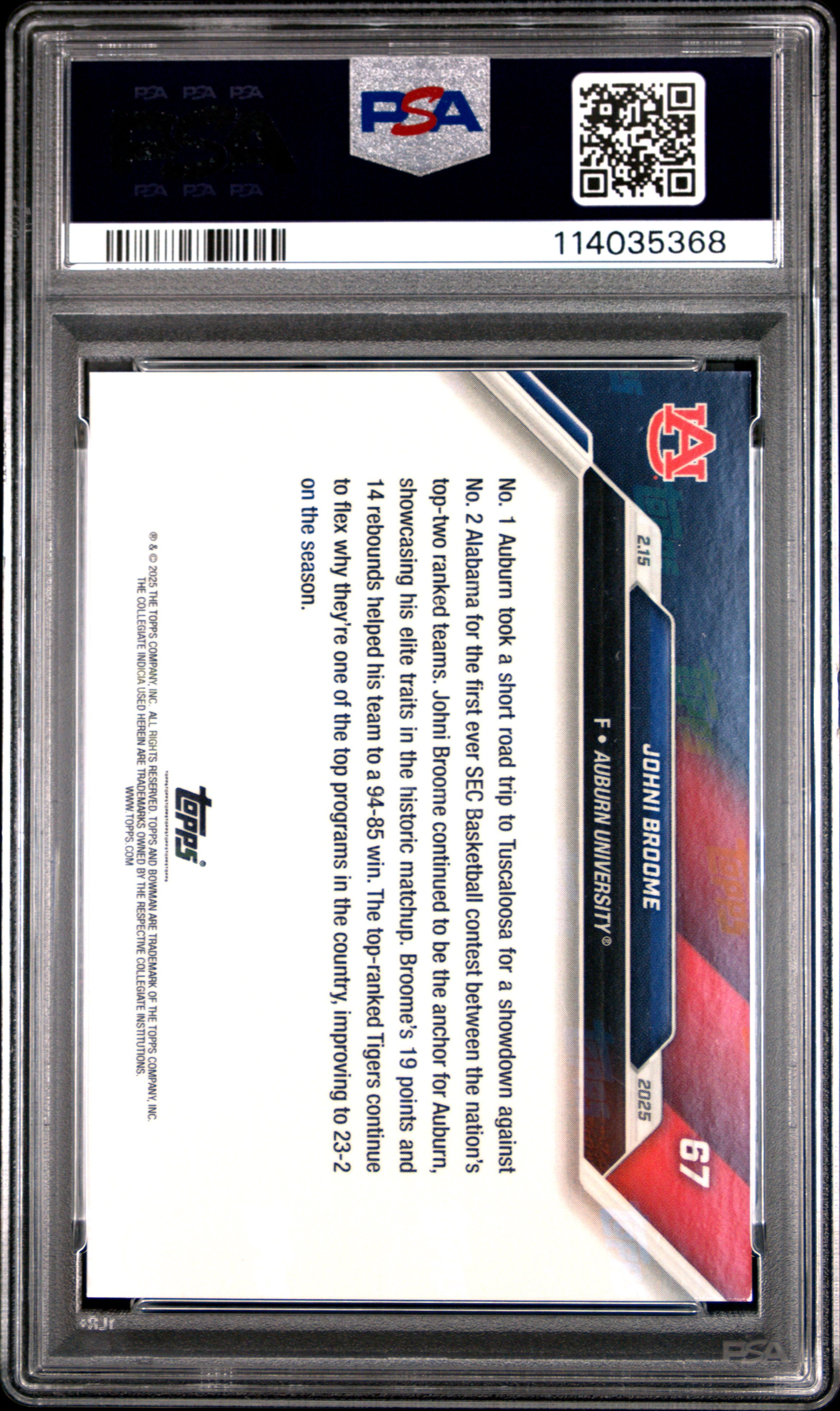 2024-25 Bowman U Now Johni Broome Purple #67 PSA 10