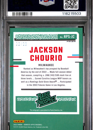 2023 Panini Donruss Optic Rated Prospect Signatures Jackson Chourio RP Crckd Ice Red #RPSJC PSA 8