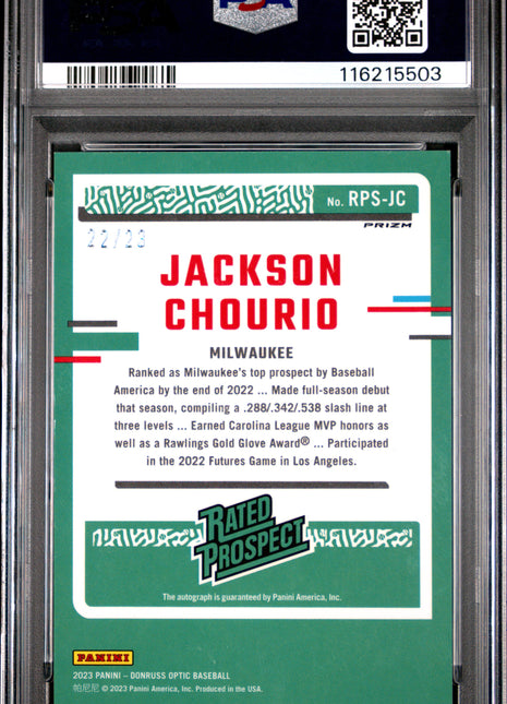 2023 Panini Donruss Optic Rated Prospect Signatures Jackson Chourio RP Crckd Ice Red #RPSJC PSA 8