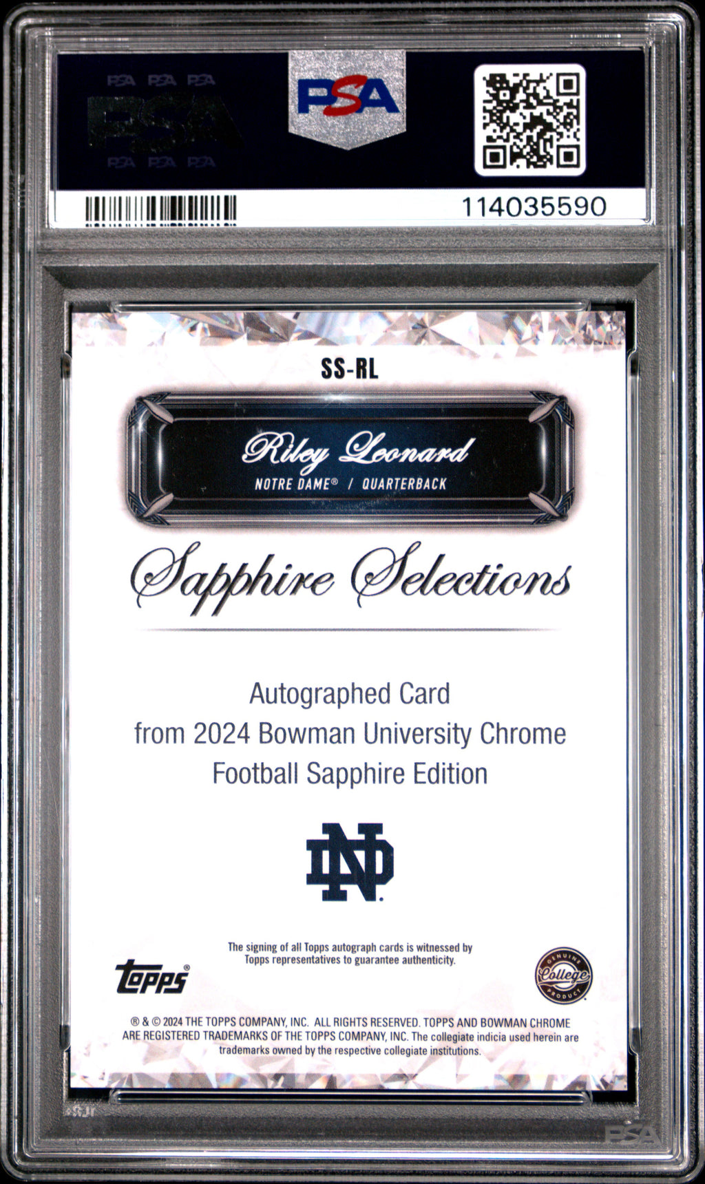 2024 Bowman University Chrome Sapphire Sapphire Selections Signatures Riley Leonard #SSRL PSA 10