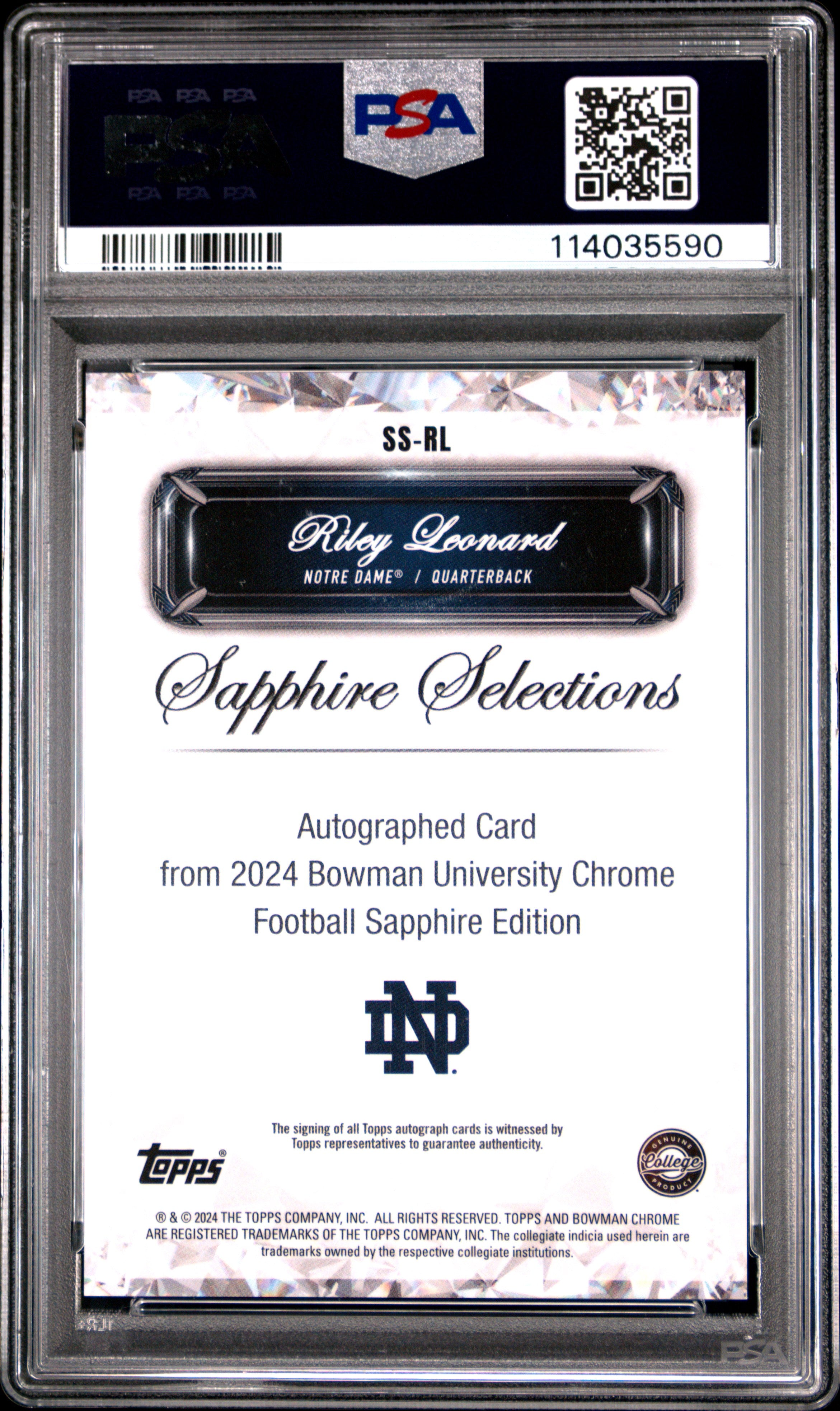 2024 Bowman University Chrome Sapphire Sapphire Selections Signatures Riley Leonard #SSRL PSA 10