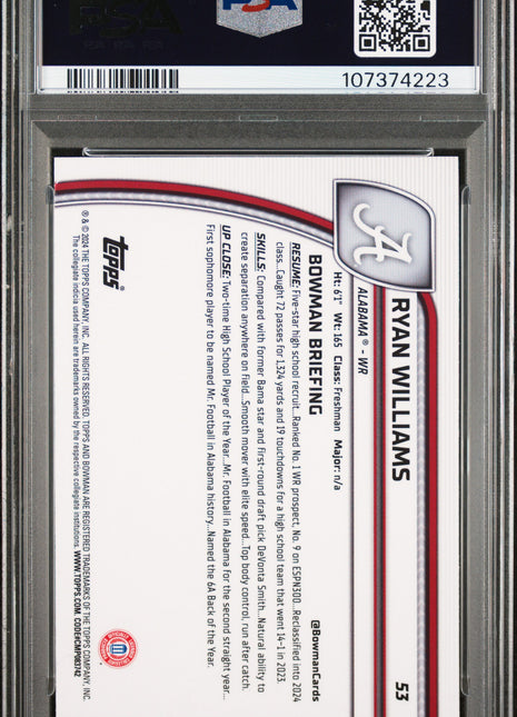2024 Bowman University Chrome Ryan Williams #53 PSA 10