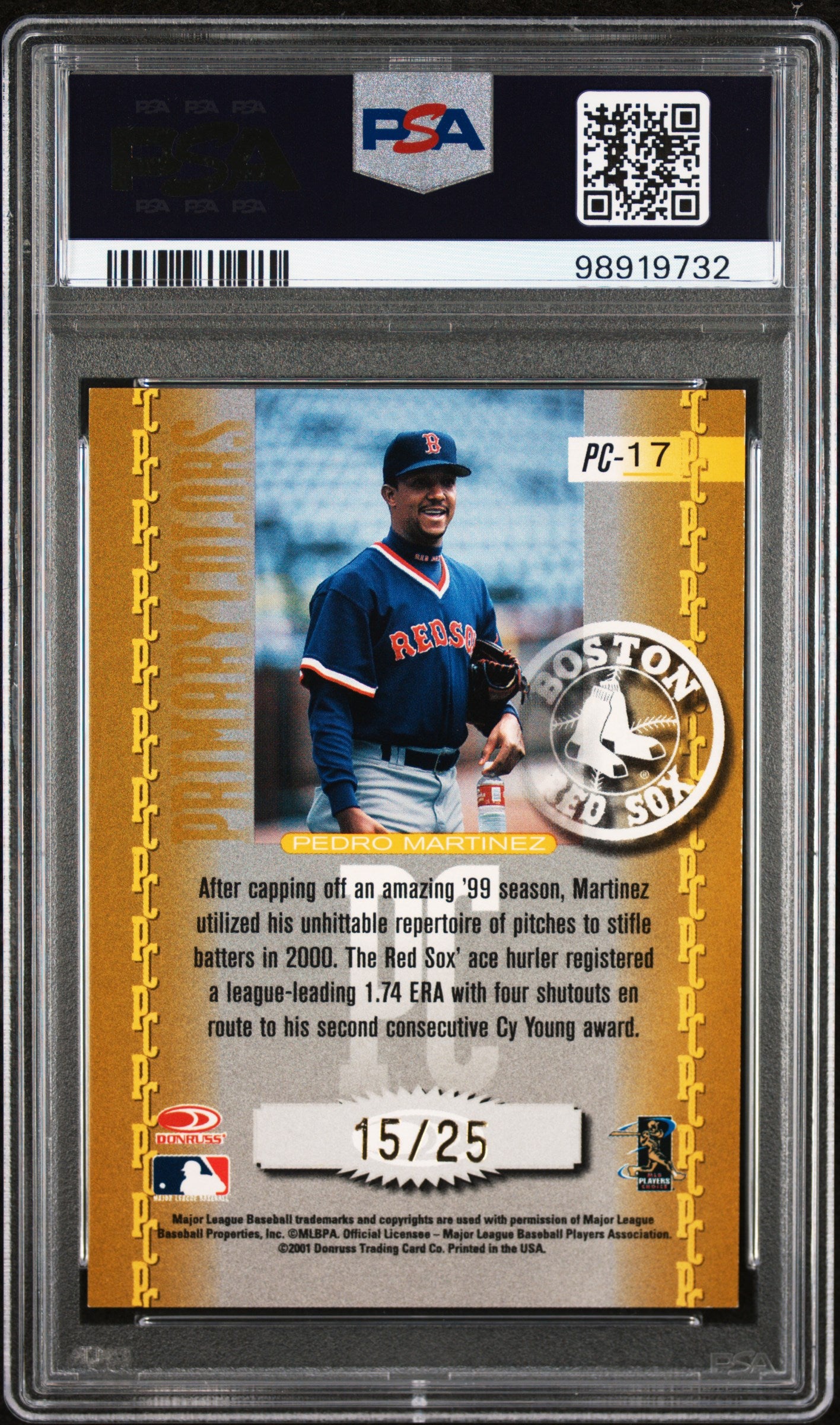 2001 Donruss Elite Primary Colors Pedro Martinez Yellow #PC-17 PSA 9