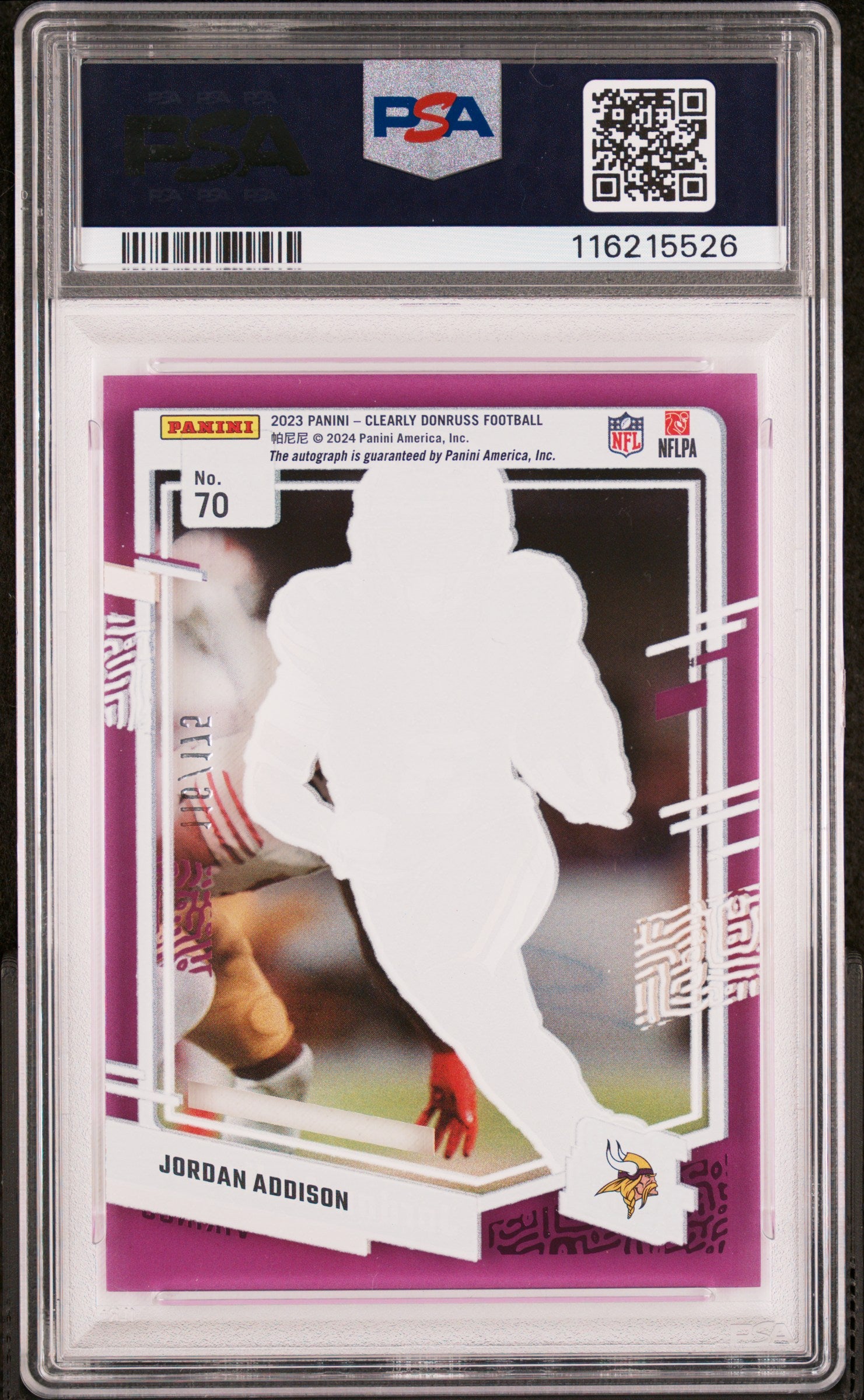 2023 Panini Clearly Donruss Jordan Addison Autograph Purple #70 116/175 PSA 10