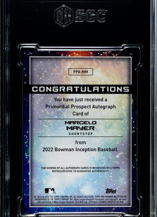2022 Bowman Inception Marcelo Mayer Primordial Pros, Autograph Blue Foil #PPA-MM SGC 10