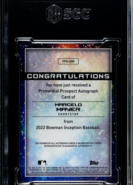 2022 Bowman Inception Marcelo Mayer Primordial Pros, Autograph Blue Foil #PPA-MM SGC 10
