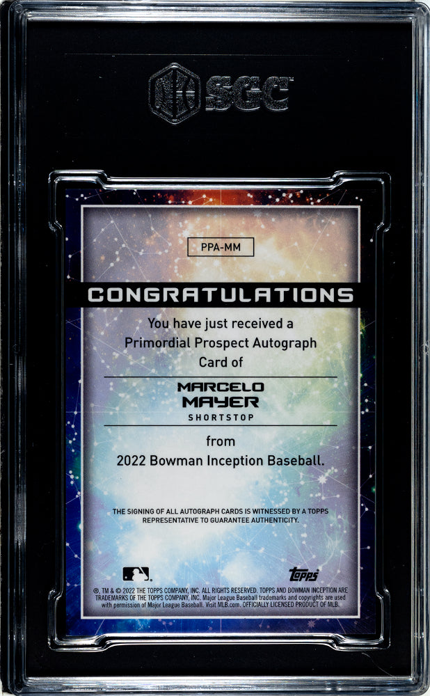 2022 Bowman Inception Marcelo Mayer Primordial Pros, Autograph Blue Foil #PPA-MM SGC 10