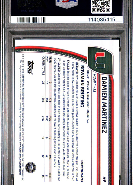 2024 Bowman University Chrome Damien Martinez Orange Shimmer #49 PSA 10