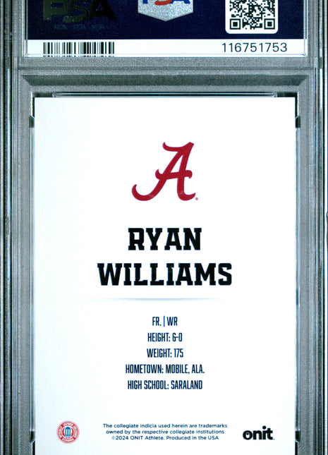 2024 Onit University Of Alabama Nil Whiteout Promo Ryan Williams Pre Order Bonus PSA 10