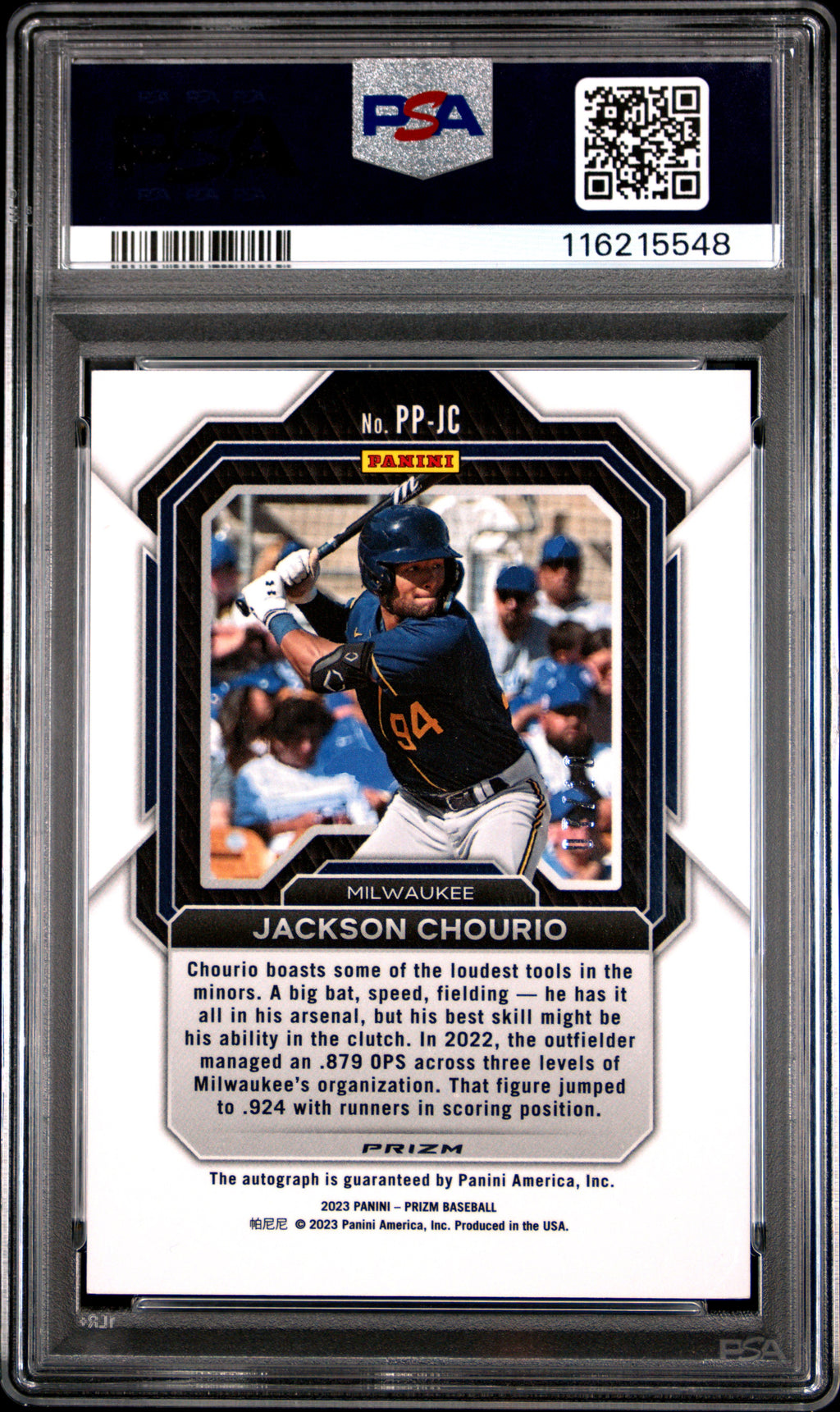 2023 Panini Prizm Potential Penmanship Jackson Chourio GLD #PPJC PSA 9