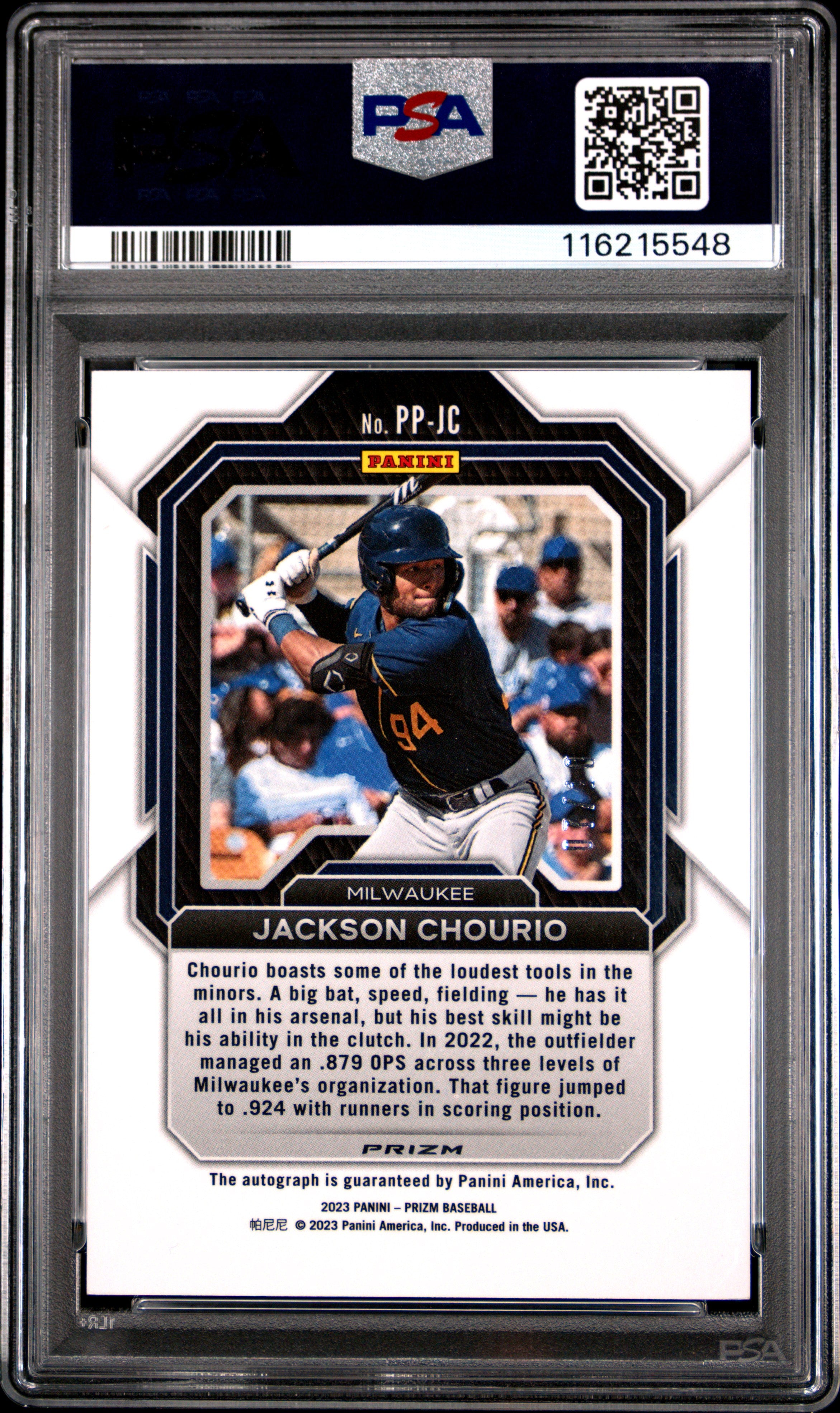 2023 Panini Prizm Potential Penmanship Jackson Chourio GLD #PPJC PSA 9
