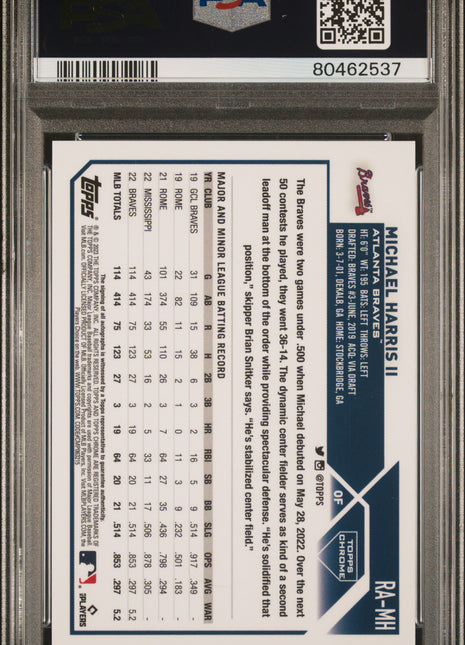 2023 Topps Chrome Rookie Autograph Michael Harris II Aqua Wave Ref #RAMH 039/199 PSA 10