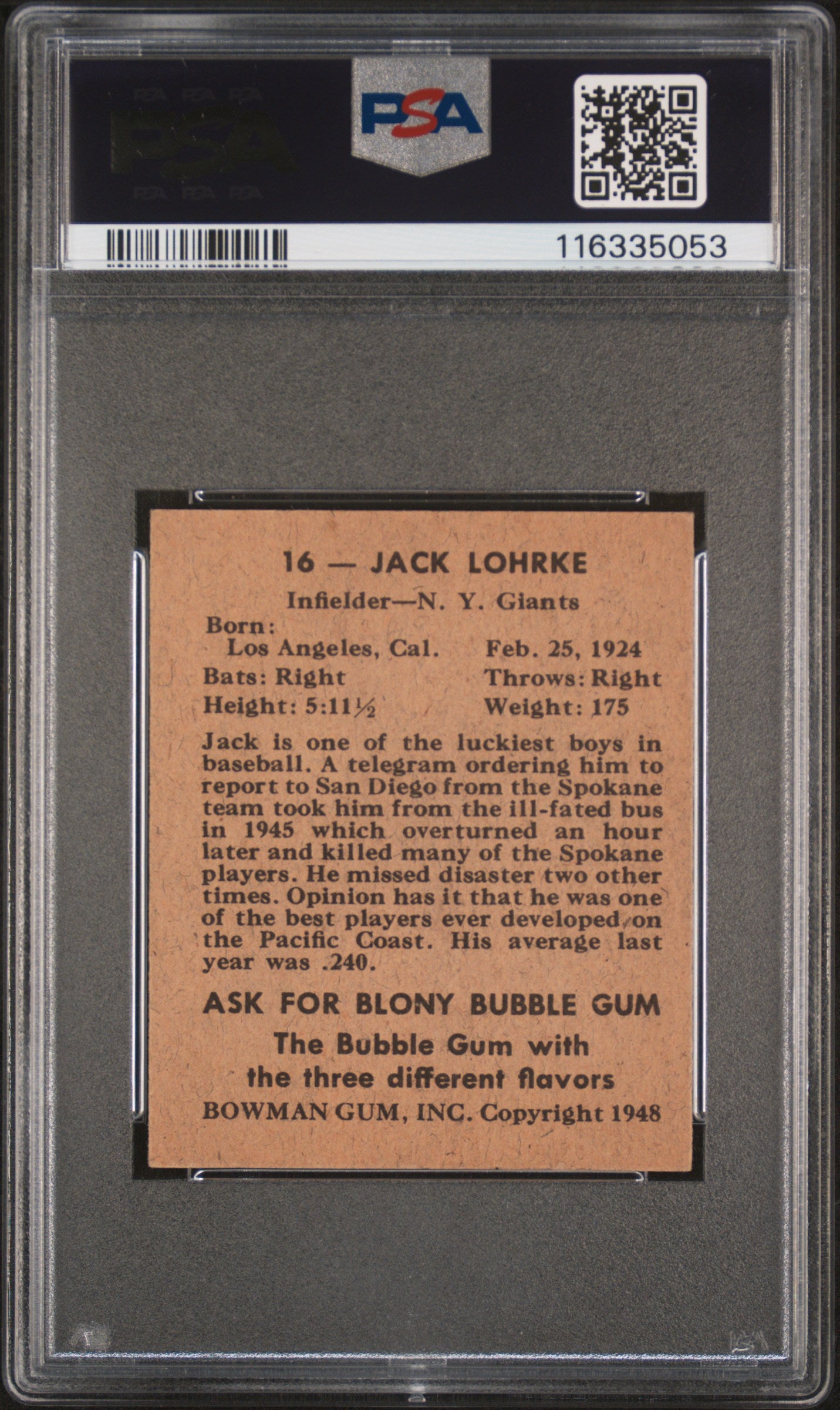 1948 Bowman Jack Lohrke #16 PSA 5