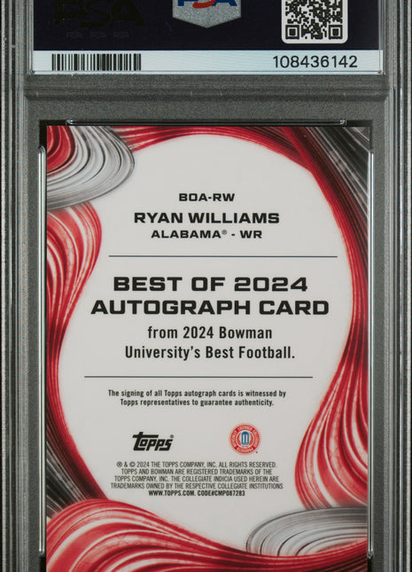2024 Bowman Best University Best Of 2024 Autographs Ryan Williams Red Ref #RW 05/10 PSA 10