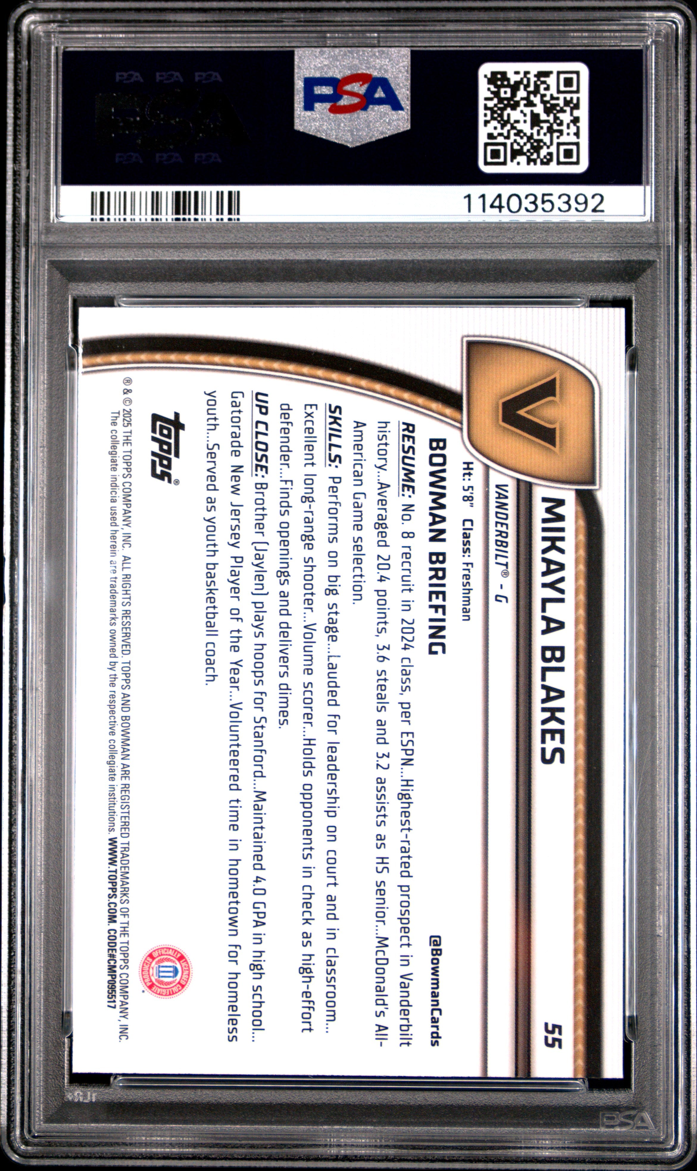 2024 Bowman Chrome University Mikayla Blakes Blue Refractor #55 PSA 9