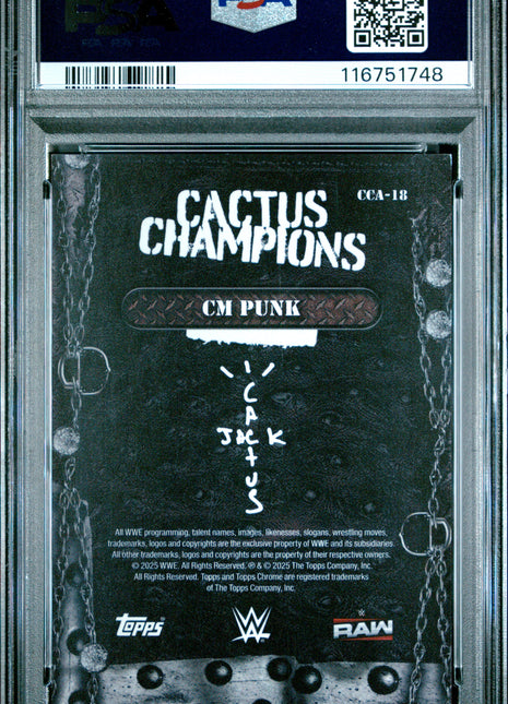 2025 Topps Chrome WWE Cactus Jack X Wrestlemania Cactus Champions CM Punk Black Ref #CCA18 01/10 PSA 9