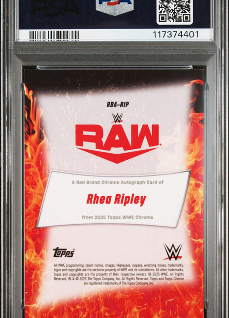 2025 Topps Chrome WWE Red Brand Chrome Autographs Rhea Ripley Blue Ref #RIP 103 / 150 PSA 10