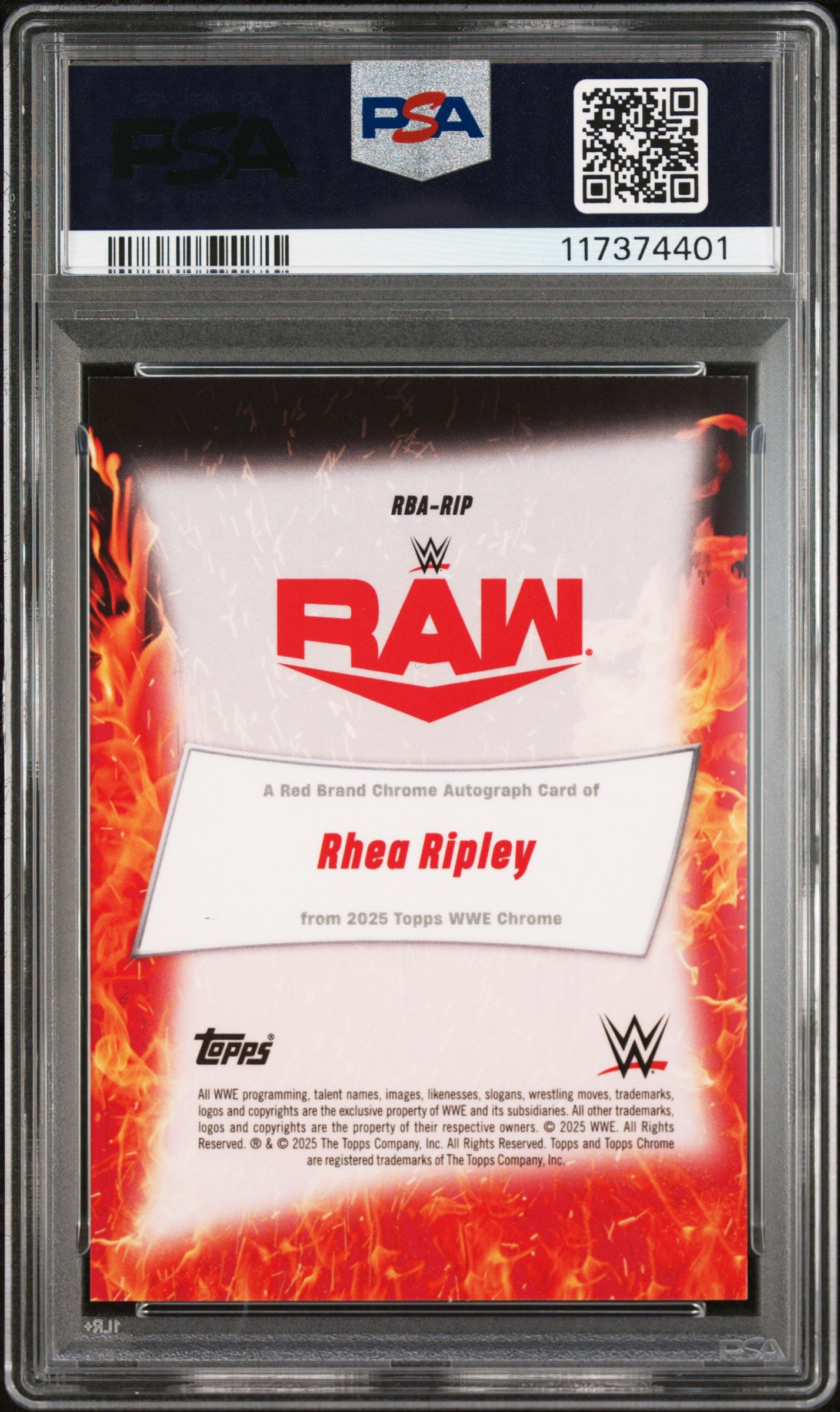 2025 Topps Chrome WWE Red Brand Chrome Autographs Rhea Ripley Blue Ref #RIP 103 / 150 PSA 10
