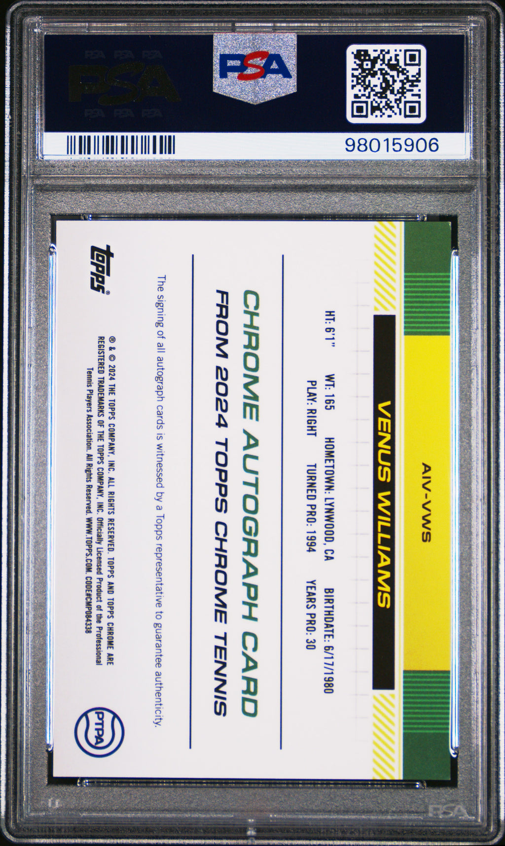 2024 Topps Chrome Tennis Image Variation Autographs Venus Williams #AIVVWS PSA 9