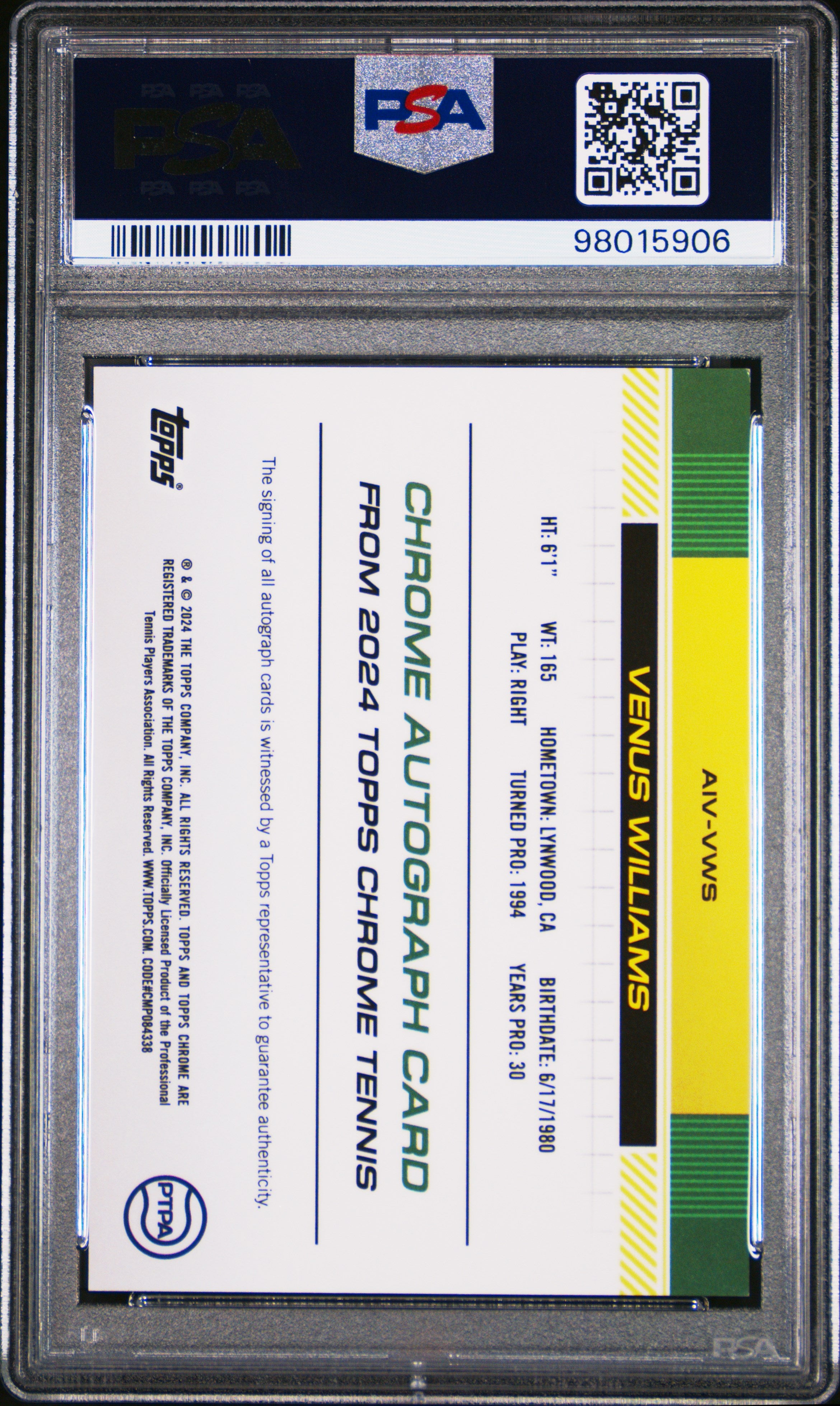2024 Topps Chrome Tennis Image Variation Autographs Venus Williams #AIVVWS PSA 9