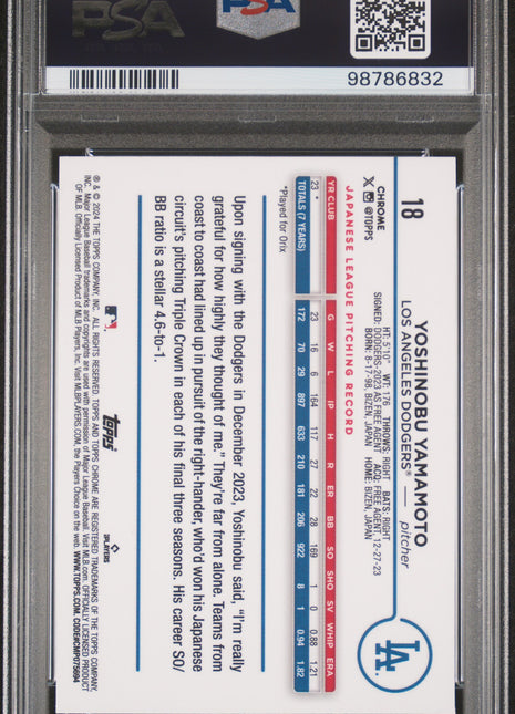 2024 Topps Chrome Yoshinobu Yamamoto #18 PSA 10