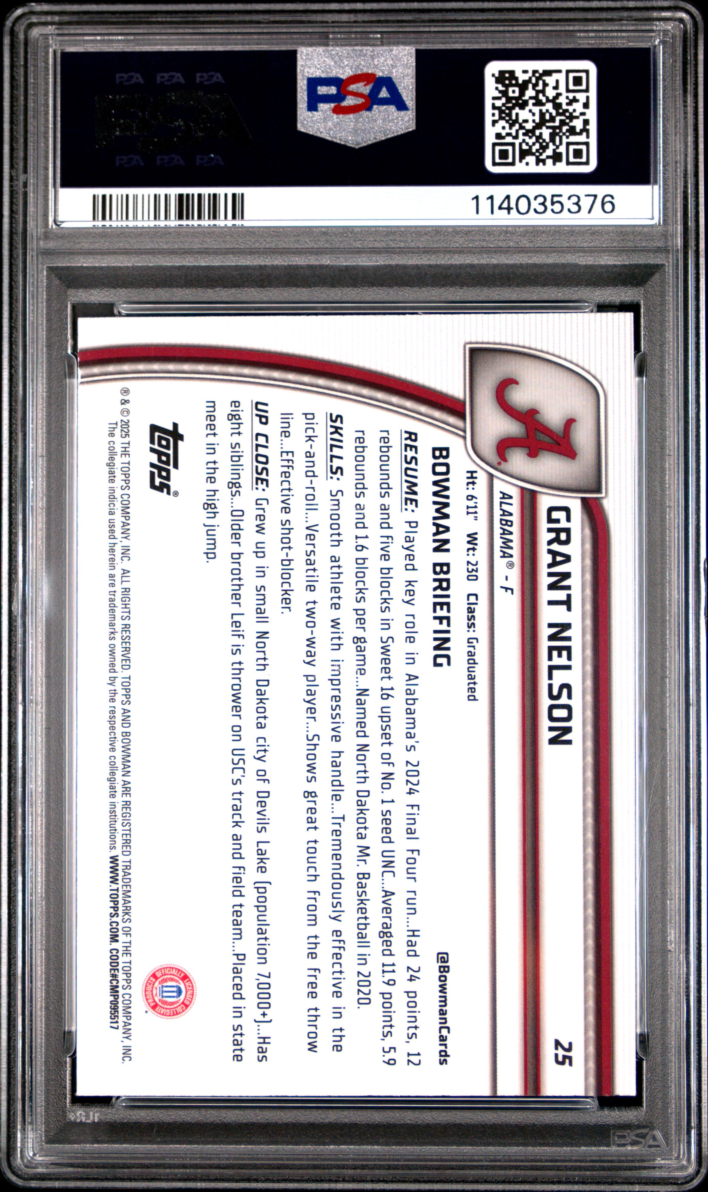 2024 Bowman Chrome University Grant Nelson Purple Refractor #25 PSA 9