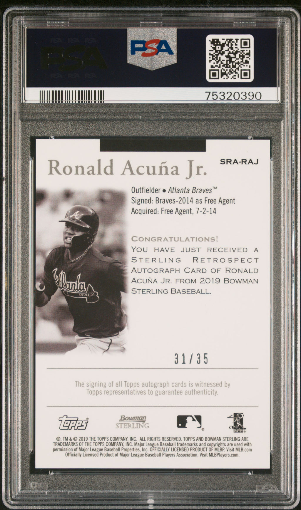 2019 Bowman Sterling Sterling Retrospect Autographs Ronald Acuna JR. Autograph #RAJ PSA 10