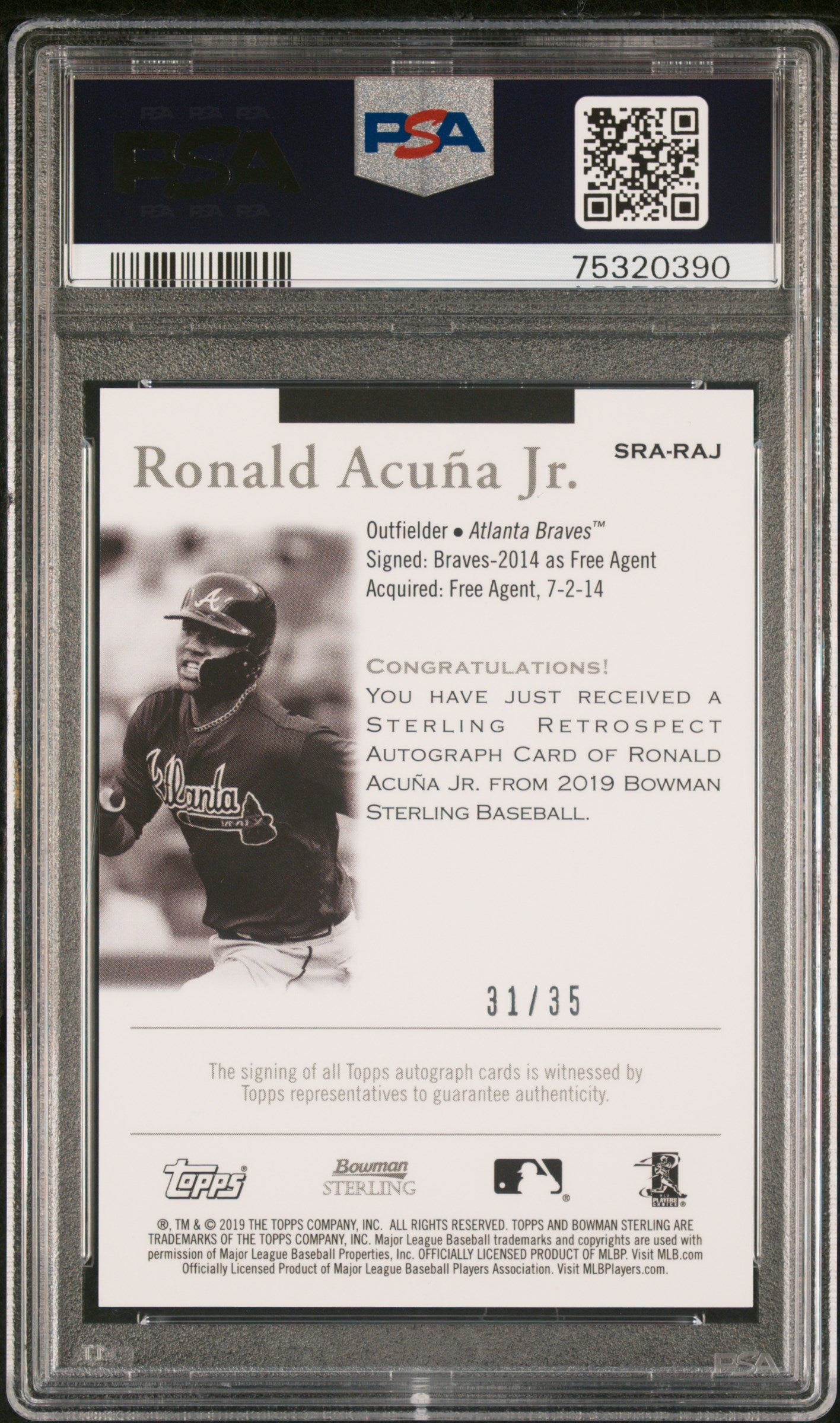 2019 Bowman Sterling Sterling Retrospect Autographs Ronald Acuna JR. Autograph #RAJ PSA 10