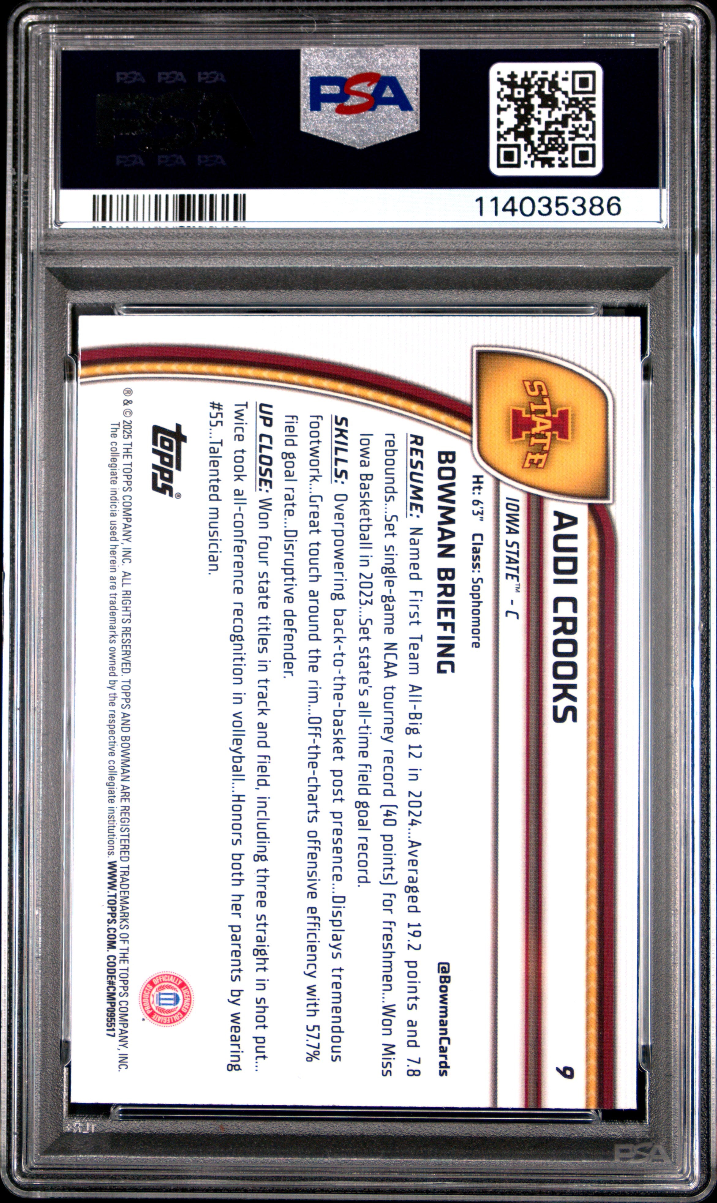2024 Bowman Chrome University Audi Crooks Reptilian Blue Refractor #9 PSA 10