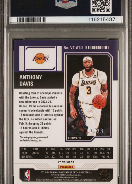 2023 Panini Contenders Optic Veteran Ticket Autographs Anthony Davis Cracked Ice #VTATD PSA 9