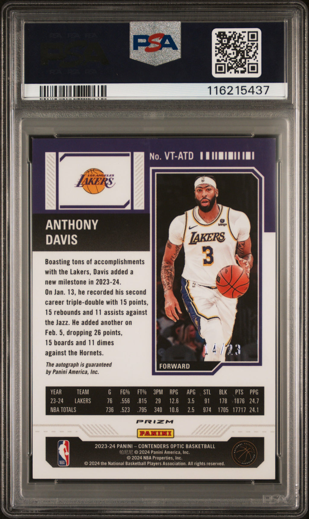 2023 Panini Contenders Optic Veteran Ticket Autographs Anthony Davis Cracked Ice #VTATD PSA 9