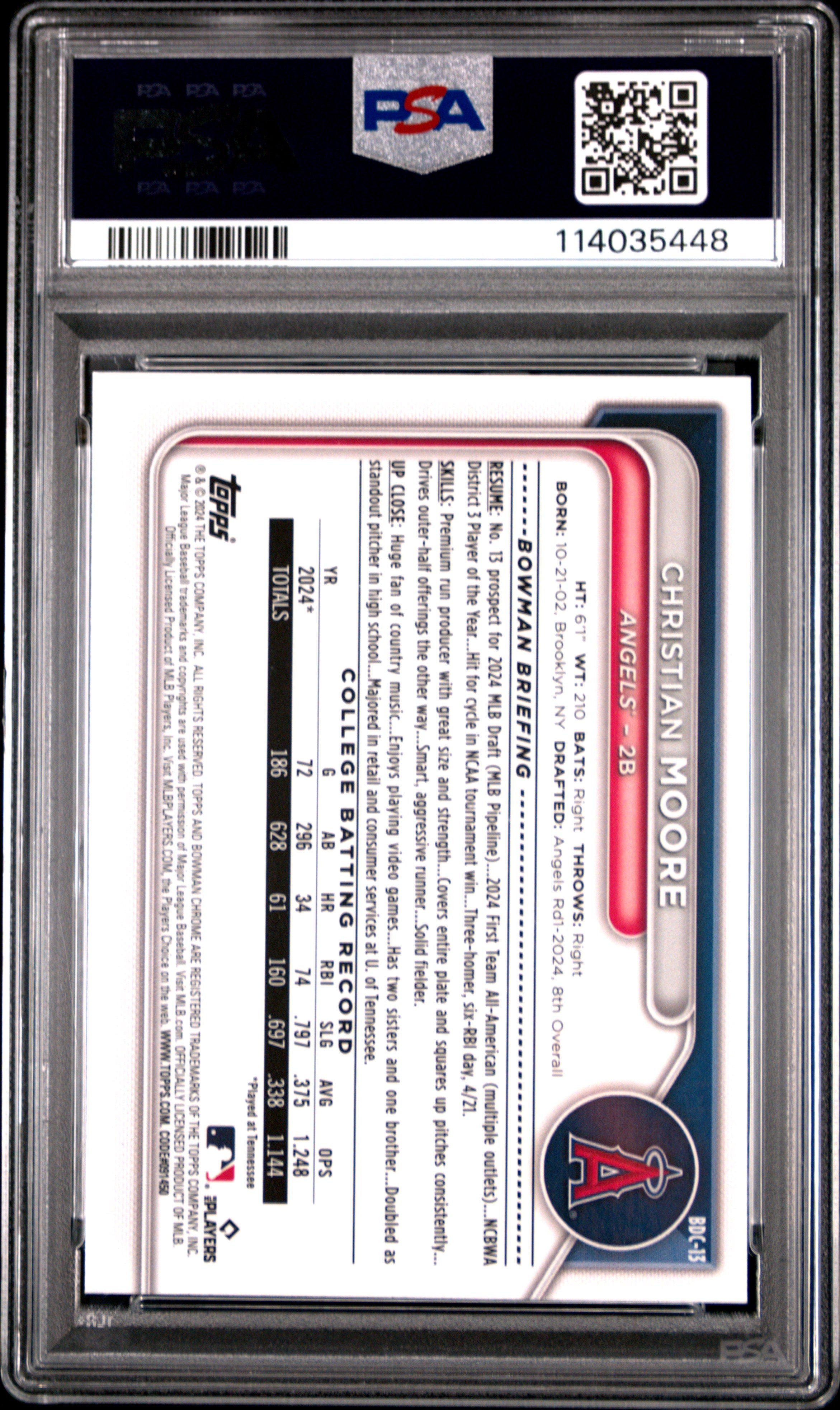 2024 Bowman Draft Christian Moore Chrome #BDC13 PSA 10