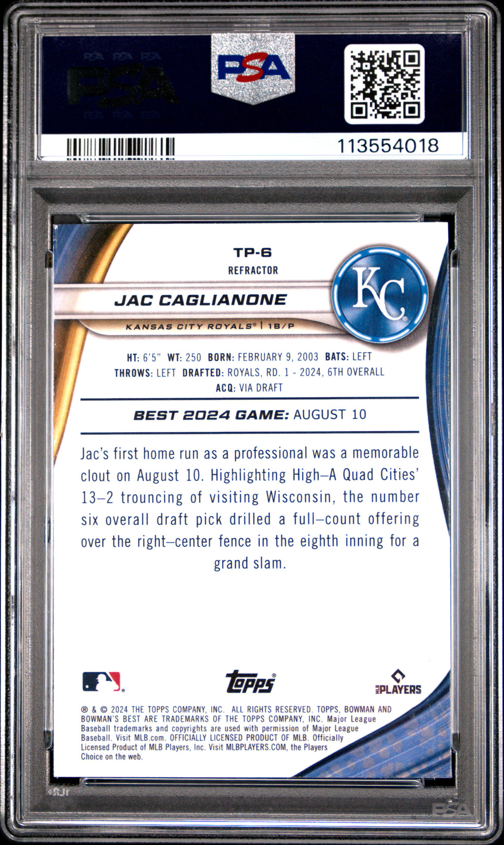 2024 Bowman's Best Top Prospects Jac Caglianone Refractor #TP6 PSA 10