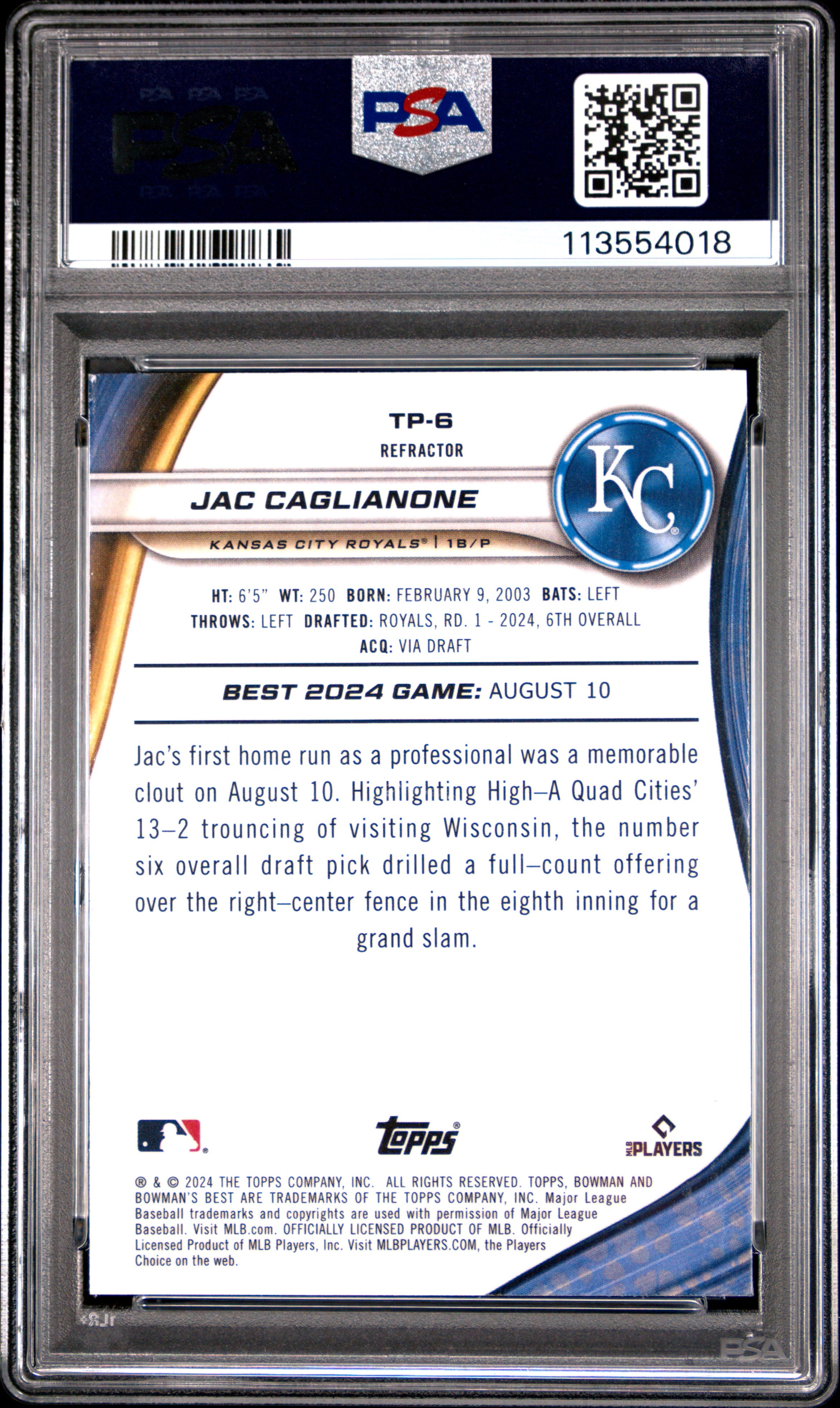 2024 Bowman's Best Top Prospects Jac Caglianone Refractor #TP6 PSA 10