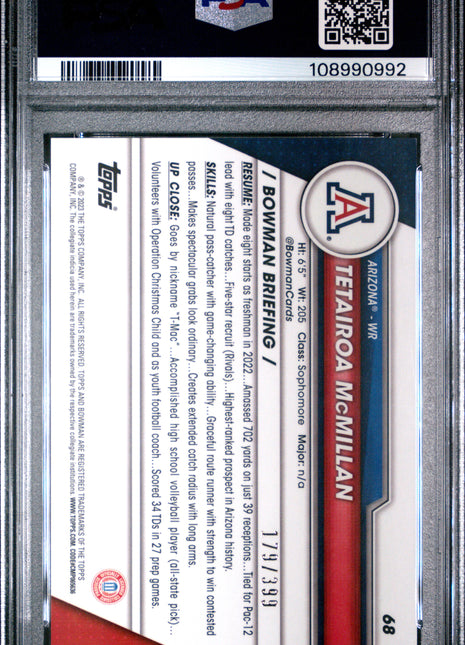 2023 Bowman University Chrome Tetairoa Mcmillan Purple Mini /399 #68 PSA 9