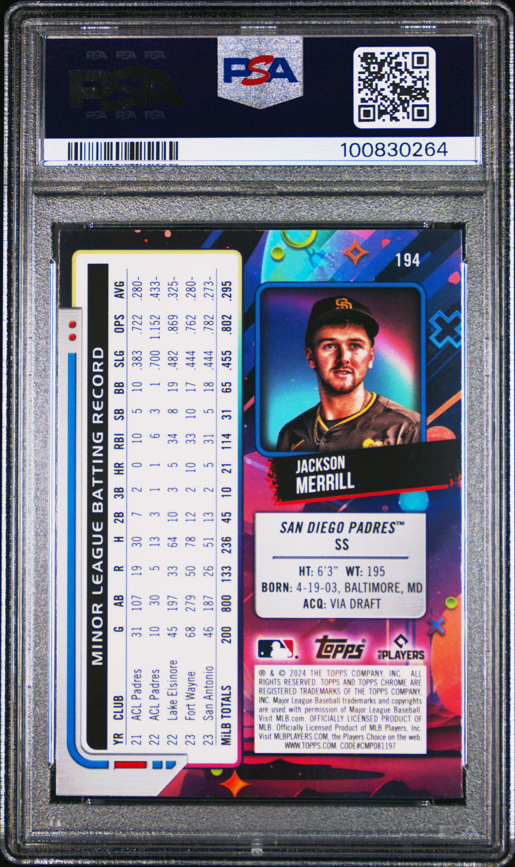 2024 Topps Chrome Cosmic Jackson Merrill Rookie PSA 9 2024 Topps Chrome Cosmic Jackson Merrill #194 PSA 9