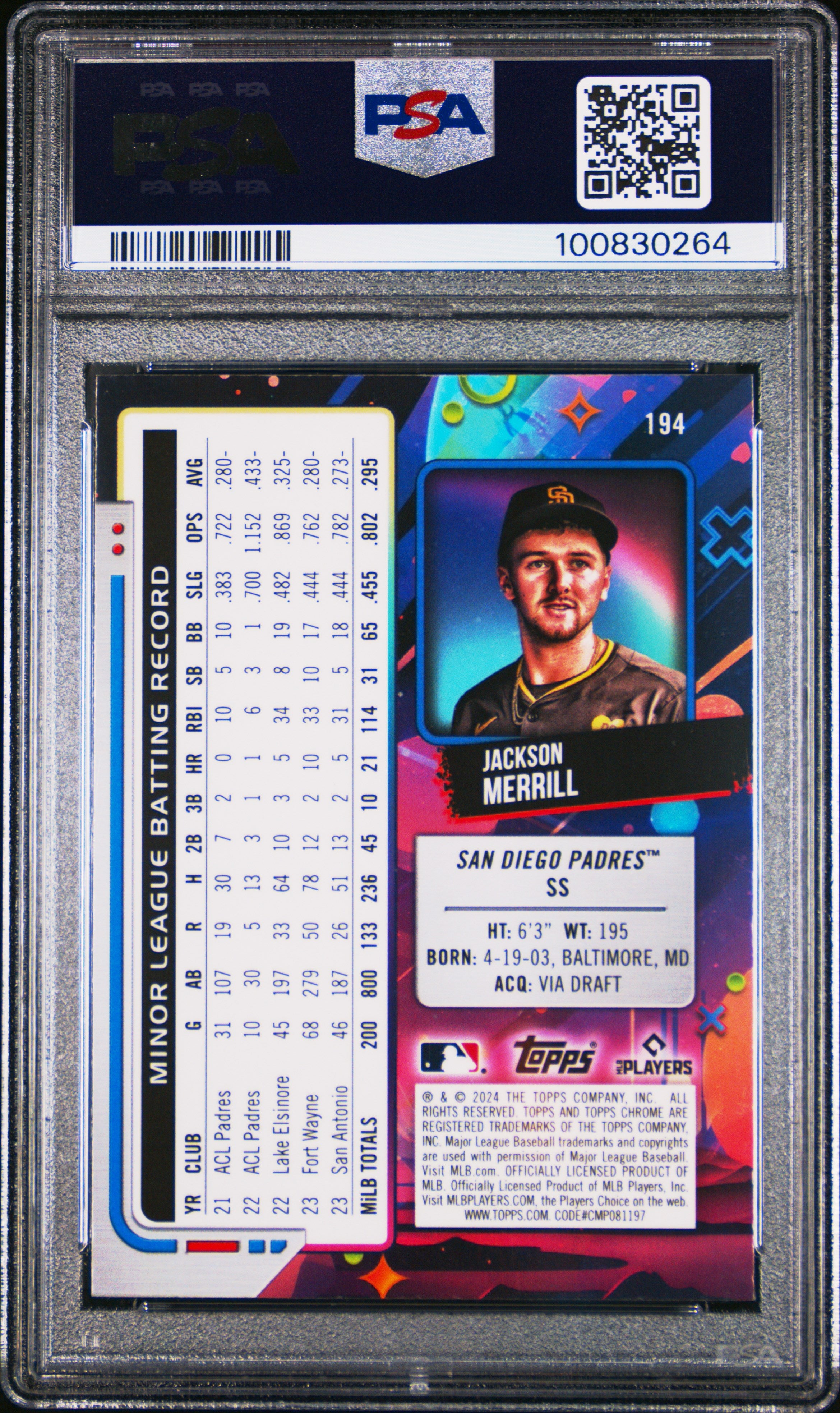 2024 Topps Chrome Cosmic Jackson Merrill Rookie PSA 9 2024 Topps Chrome Cosmic Jackson Merrill #194 PSA 9
